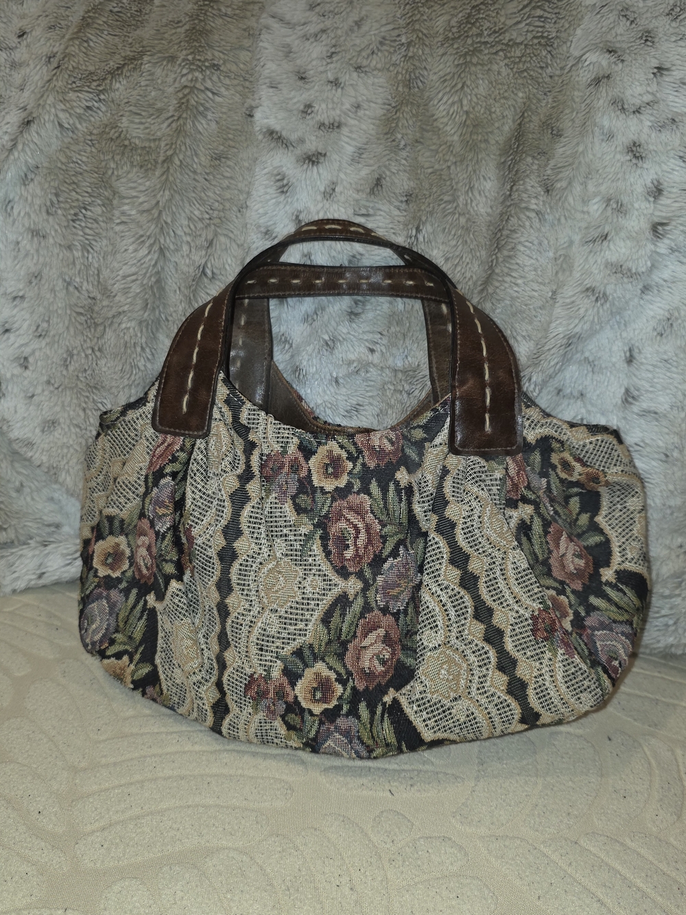 Tapestry Floral Handbag with Brown Leather Handles